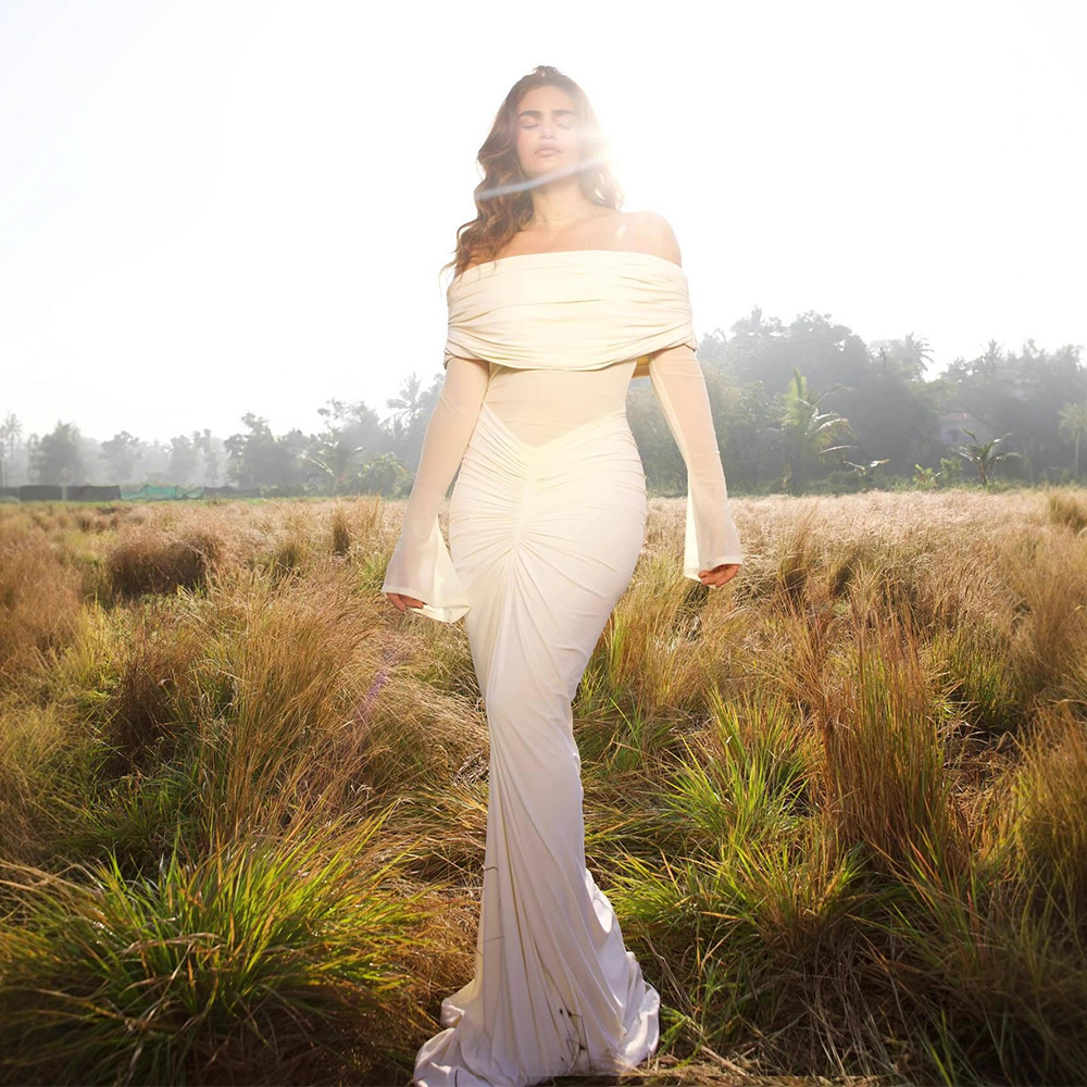 Women'S Formal Wear For A Wedding Guest - Beige vrouwen galajurk sexy off-shoulder volledige