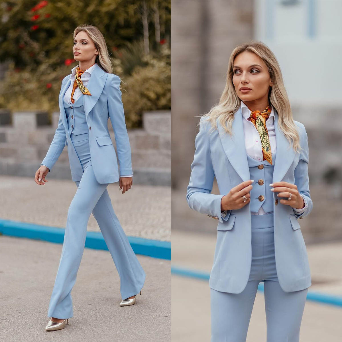 Women Formal Wear With Tie - Dames formele pakken hemelsblauw met piekrevers