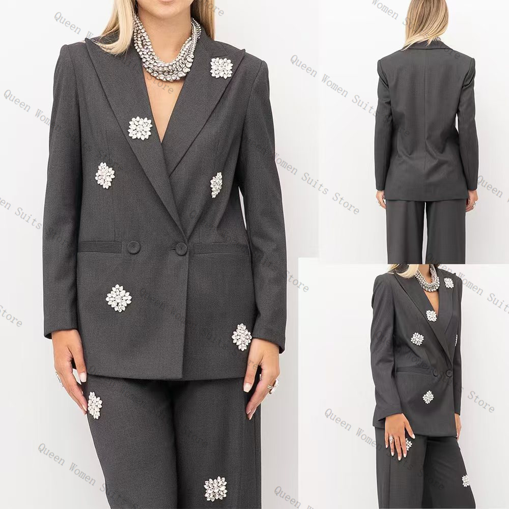 Women'S Formal Wear For A Wedding Guest - Grijze vrouwen pak set 2-delige kristallen