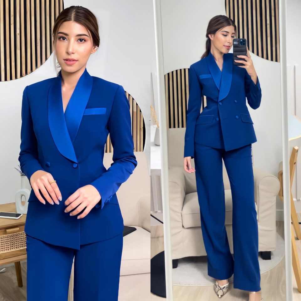 Women Formal Wear With Tie - Koningsblauwe damesjassets, op maat gemaakt, dubbelgeknoopte