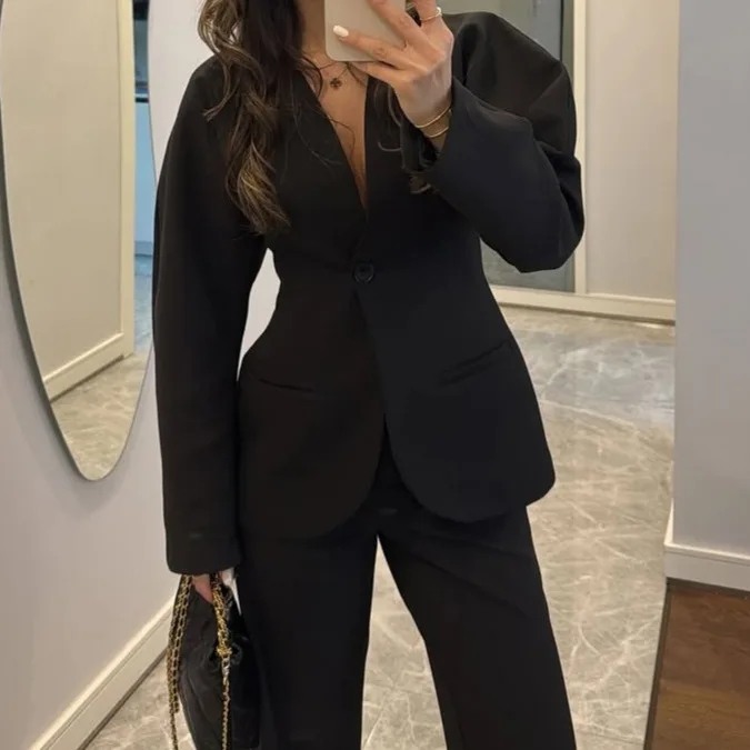 Women Formal Wear With Tie - 2025 Nieuwe Dames Zwarte V-hals Tailleband