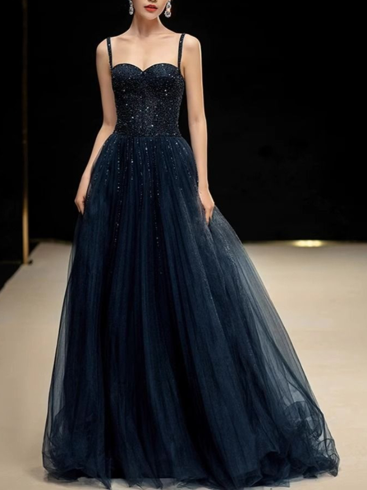 Women Formal Wear For Graduation - Elegante prinses marineblauwe pailletten spaghettibandjes liefje
