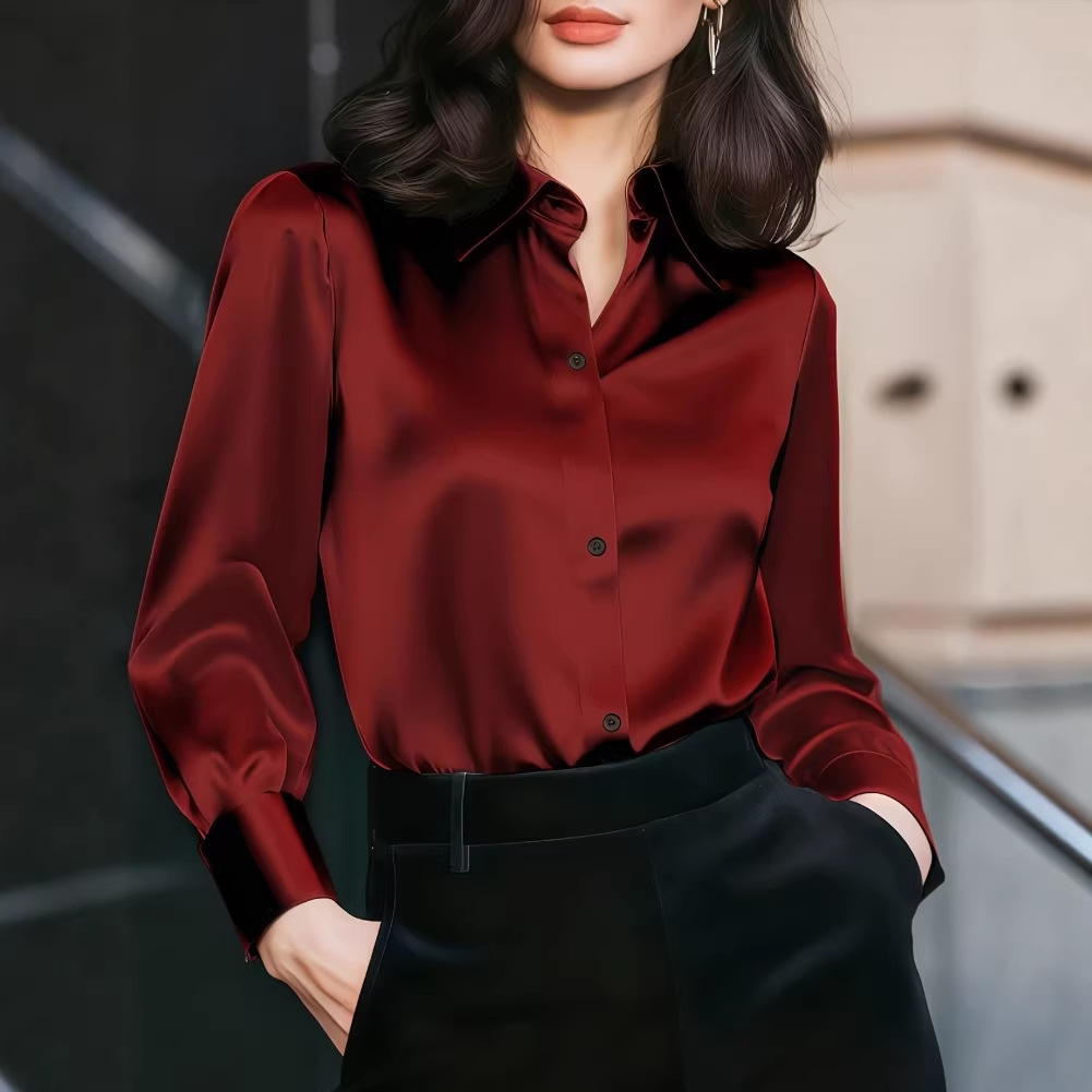 Women Formal Wear Business - Dames satijnen blouse met reverskraag, knoopsluiting,